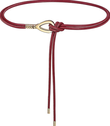 HOTWomen Knotted Skinny PU Leather Waist Belt Gold Buckle for Dresses