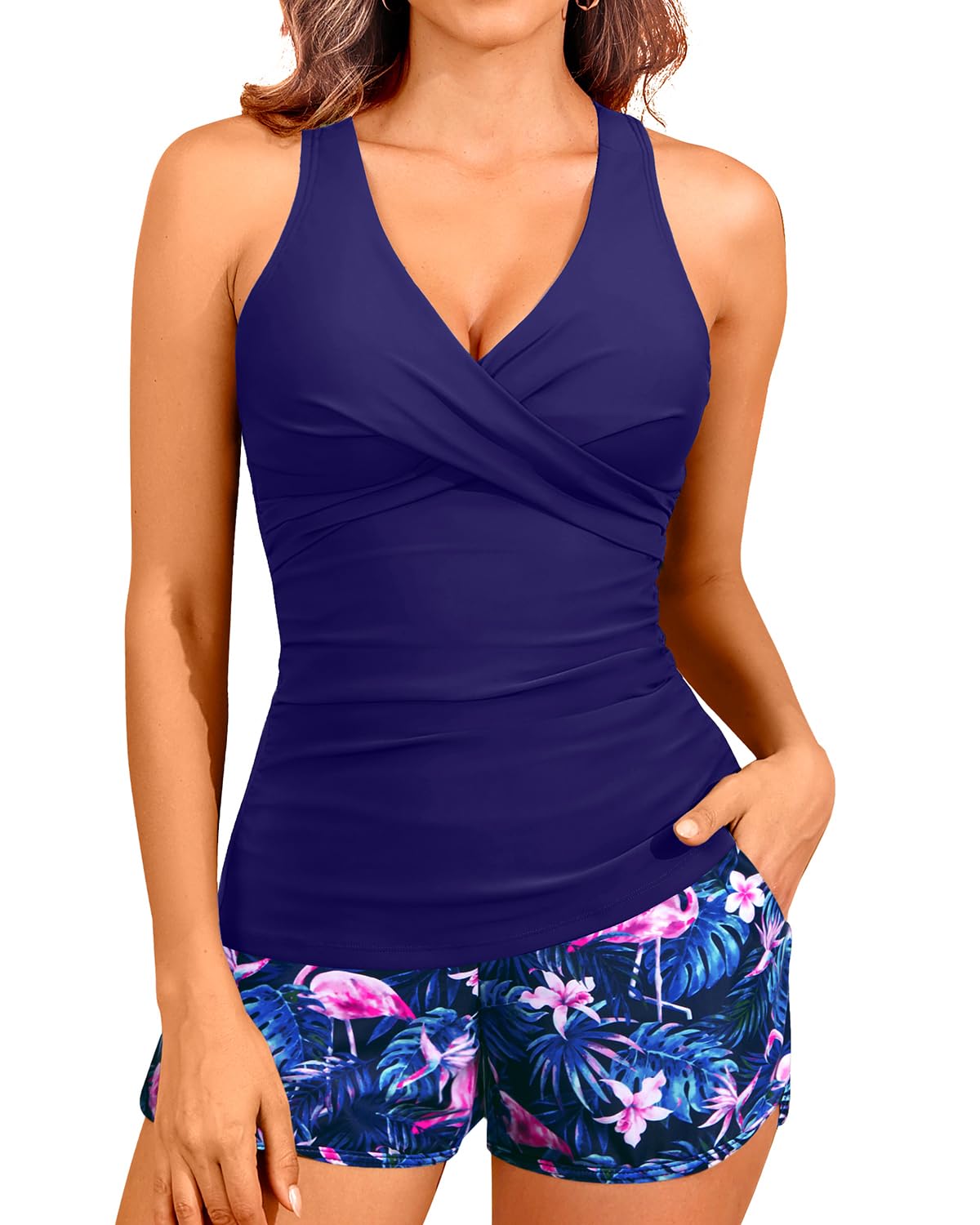 HOTWomen Tankini Swimsuits with Shorts Two Piece Tummy Control Bathing Suits | Two Pockets,Tummy Control,Built-in Brief,Quick Dry,Removable Cups,High Waisted Short