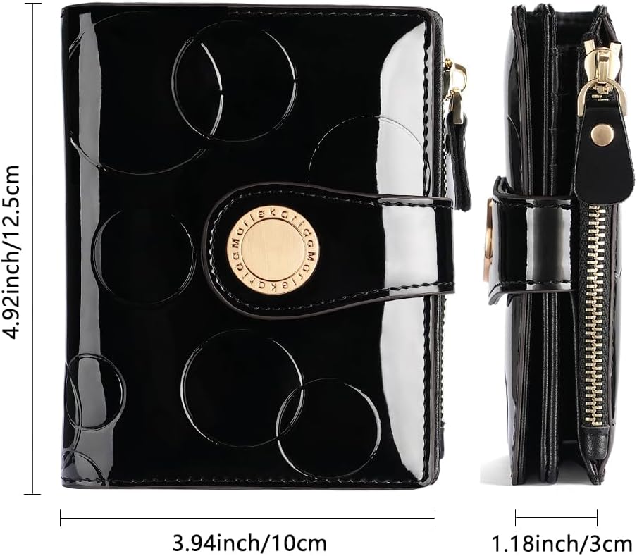 HOTFashionable genuine leather women's wallet, multiple card slots, short three fold style, zipper and snap closure, RFID shielding protection credit card clip, foldable wallet (Black)