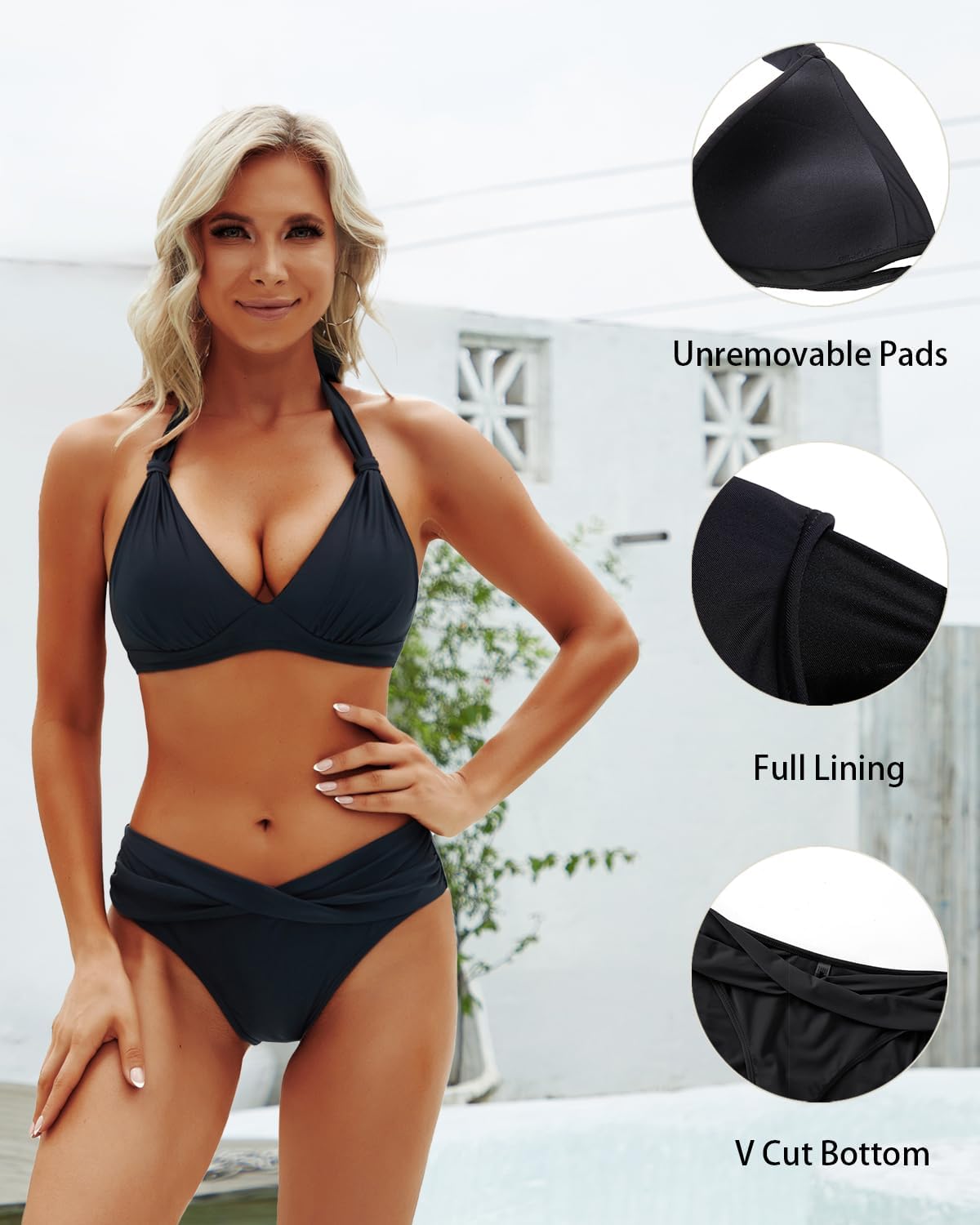 HOTHalter Push Up Bikini Two Piece Criss Cross Swimsuit | Mid Rise; Full Lining; Wide underbust band for secure lift; Standard leg cut for easy movement