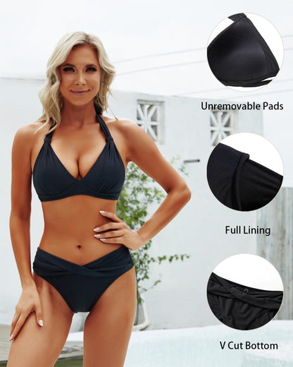HOTHalter Push Up Bikini Two Piece Criss Cross Swimsuit | Mid Rise; Full Lining; Wide underbust band for secure lift; Standard leg cut for easy movement