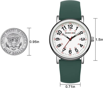 HOTGOLDEN HOUR Waterproof Nurse Watch for Medical Professionals, Students Women Men - Military Time Luminouse Easy Read Dial, 24 Hour with Second Hand, Colorful Silicone Band