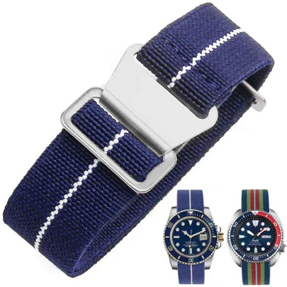 HOTFrench Troops Paratrooper Watchband,Military Elastic Nylon Watch Strap with Hook-and-Loop for Men Women Silver & Black Buckle 18/20/22mm