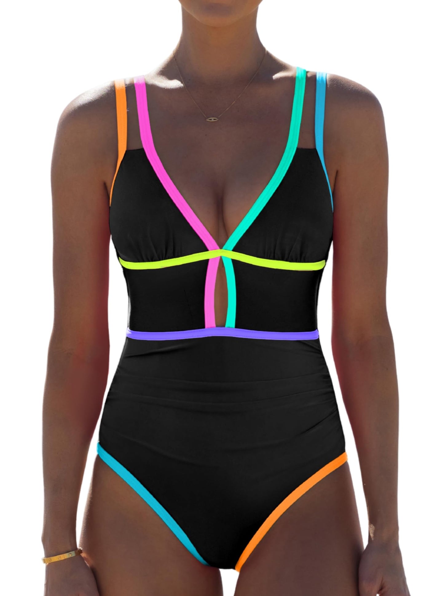 HOTpopvil Women One Piece Swimsuit 2026 Neon Tummy Control Bathing Suit | Tummy Ruched Design, Color Block, Cutout Design, Deep V Neck, Back tie,Adjustable Straps, Neon Trim,Vacation,Beach