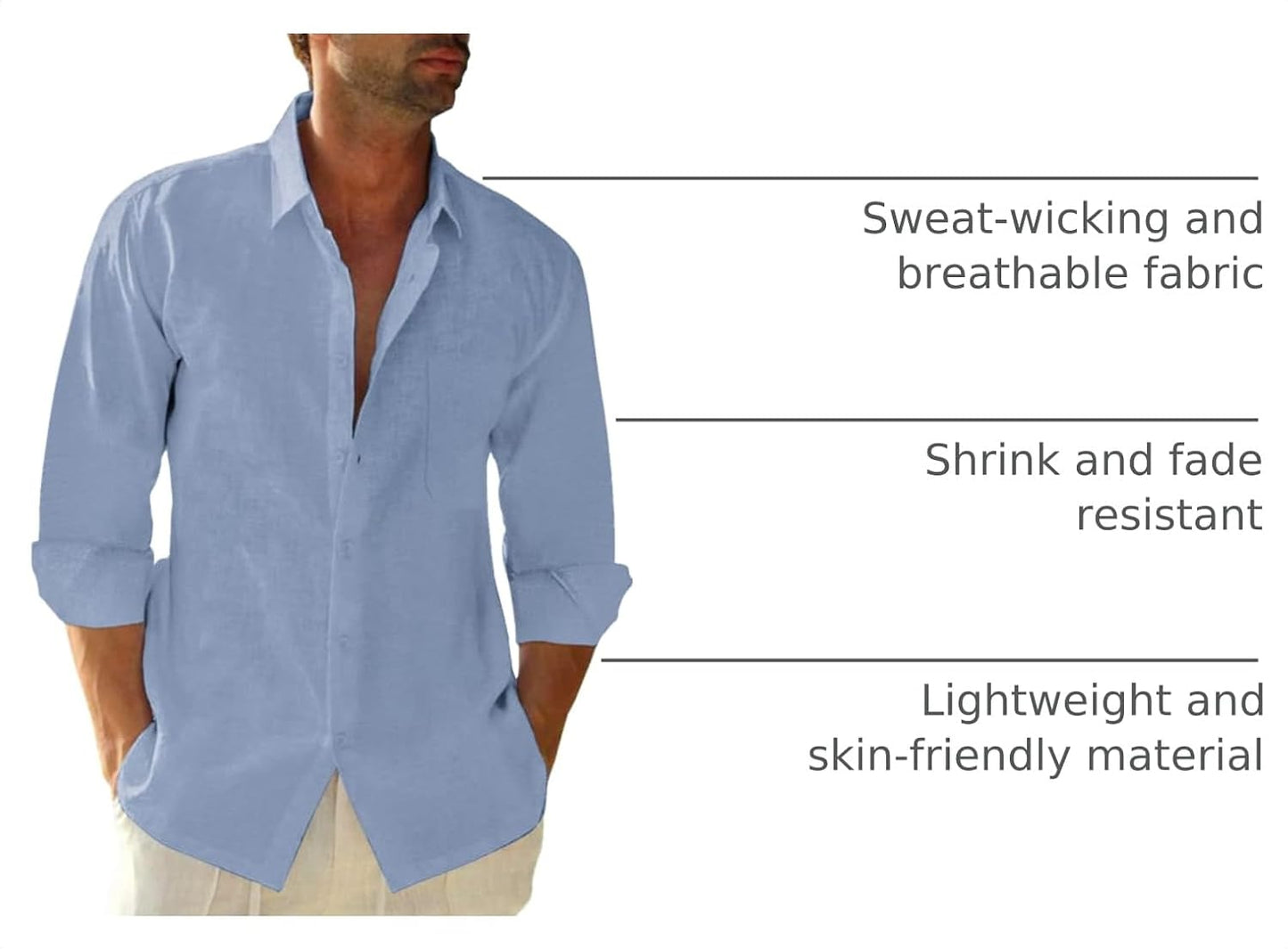 HOTJEKAOYI Button Down Linen Shirts for Men Casual Long Sleeve Regular Fit Cotton Beach Shirts with Pocket