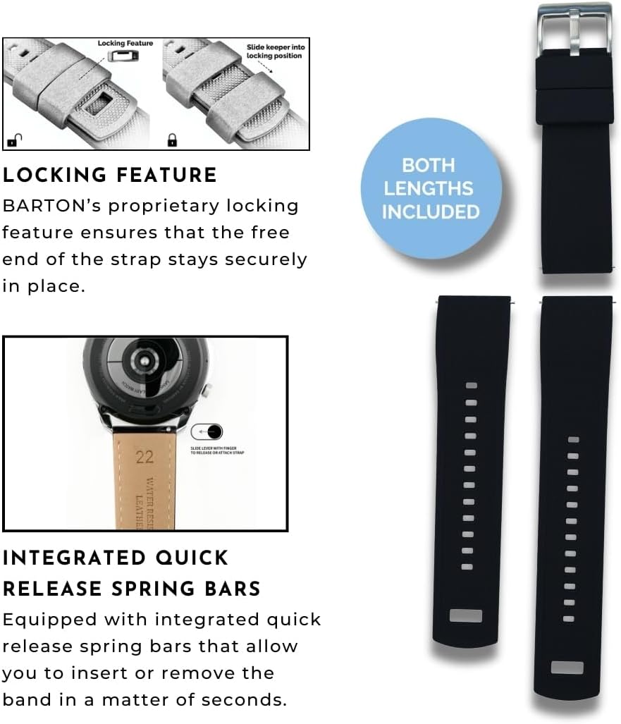 HOTBARTON Elite Silicone Watch Bands - Quick Release - Choose Strap Color & Buckle Color (Stainless Steel, Black PVD or Gunmetal Grey) - 18mm, 20mm, 22mm & 24mm Watch Straps