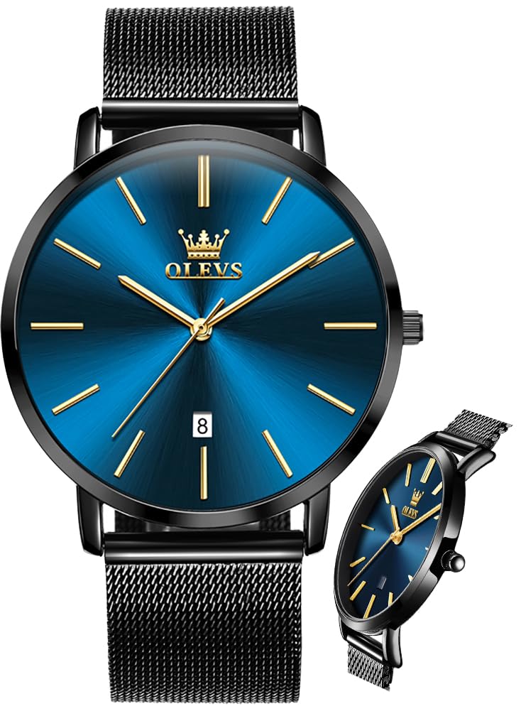 HOTOLEVS Men Leather Watches Black Ultra Thin 6.5mm Minimalist Dress Fashion Simple Casual Waterproof Date Watch for Men