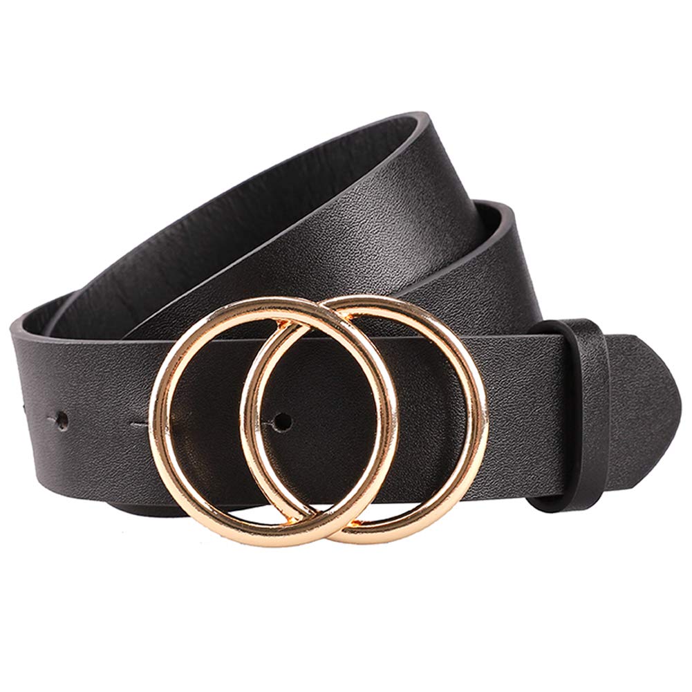 HOTEarnda Women's Leather Belt Fashion Gold Buckle Waist Belts for Jeans Dress | 1.3 in Wide, Soft Faux Leather, Trendy Double O-Ring Shapes Buckle, for Dress Blouse Sweater or Coats Daily Outfits
