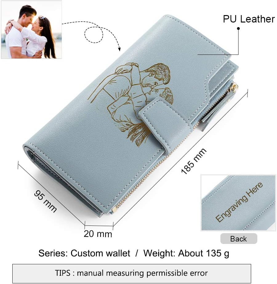 HOTLovejewelry Personalized Wallets for Women Photo Engraved PU Leather Trifold Wallet Credit Card Clutch Long Wallet for Girlfriend Mom Mother’s Day (Blue -2) (Wa-100359)
