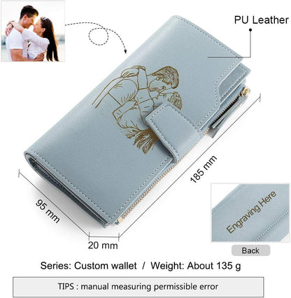 HOTLovejewelry Personalized Wallets for Women Photo Engraved PU Leather Trifold Wallet Credit Card Clutch Long Wallet for Girlfriend Mom Mother’s Day (Blue -2) (Wa-100359)