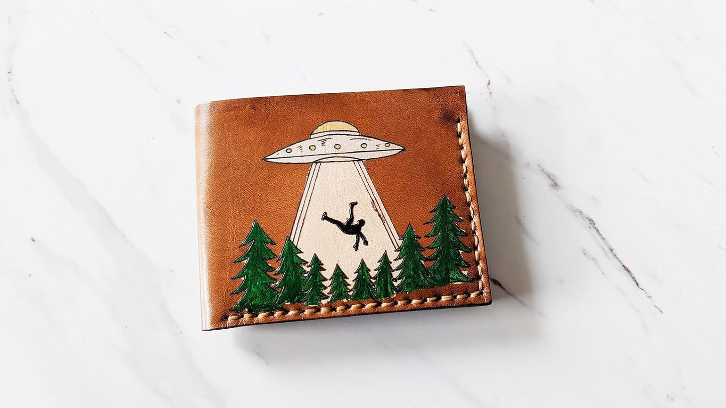 HOTUFO abduction wallet, Men's 3D Genuine Leather Wallet, Handmade wallet, Carved wallet, Tooled wallet, Airbrush Art, Biker wallet, Custom wallet, Personalized wallet