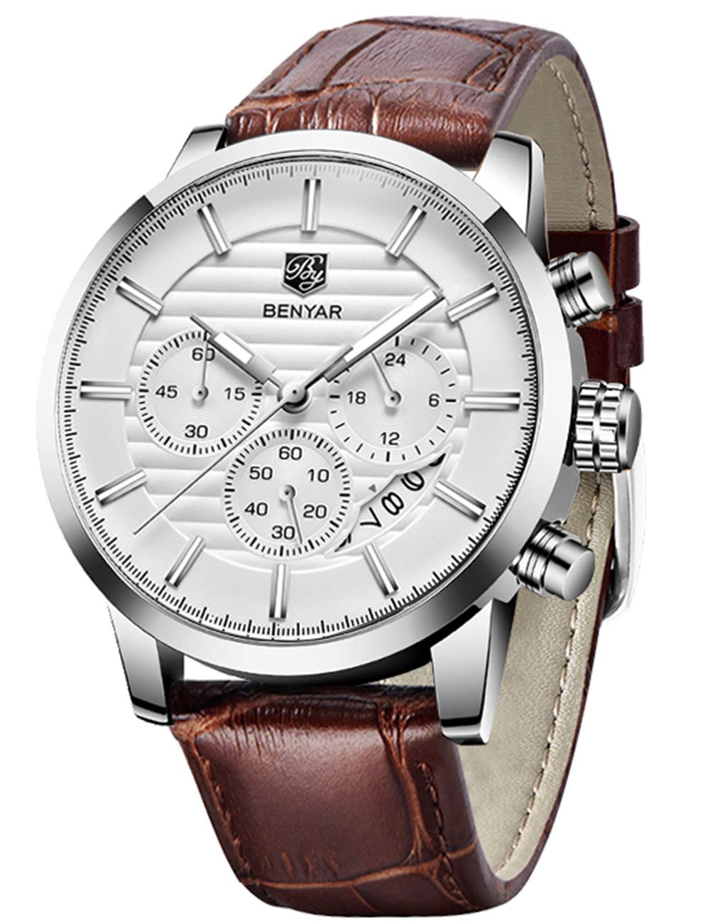 HOTBENYAR Quartz Chronograph Waterproof Watches Business and Sport Design Leather Band Strap Wrist Watch for Men