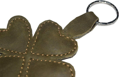 HOTHide & Drink, Lucky Clover Keychain, Good Luck Keyring, Four-Leaf, Key Organizer Holder, Full Grain Leather, Handmade, Peat Moss