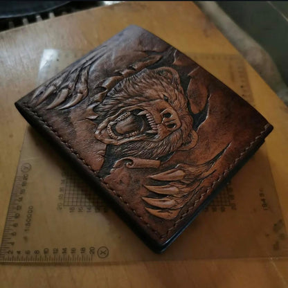 HOTGrizzly, Bear, Forest, Hunter, Hunting, Men's 3D Genuine Leather Wallet, Handmade wallet, Carved wallet, Tooled wallet, Airbrush Art, Bifold wallet, Custom wallet, Personalized wallet, A(30)