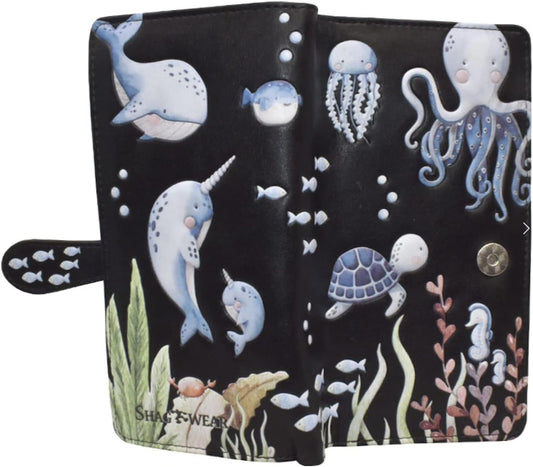 HOTShag Wear Under the Sea Marine Life Large Wallet 7" Black