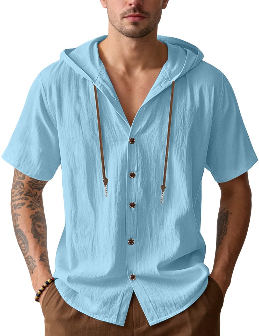 HOTMen's Cotton Linen Shirts Short Sleeve Casual Sweatshirts Button Down Summer Beach Wedding Shirts with Hoodies