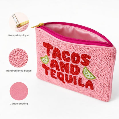 HOTBeaded Coin Purse Change Zipper Pouch Wallet Tacos & Tequila | Handmade Beadwork, Compact Organizer, Cash Holder, Card Storage, Makeup Pouch, Giftable Accessory, Everyday Carry