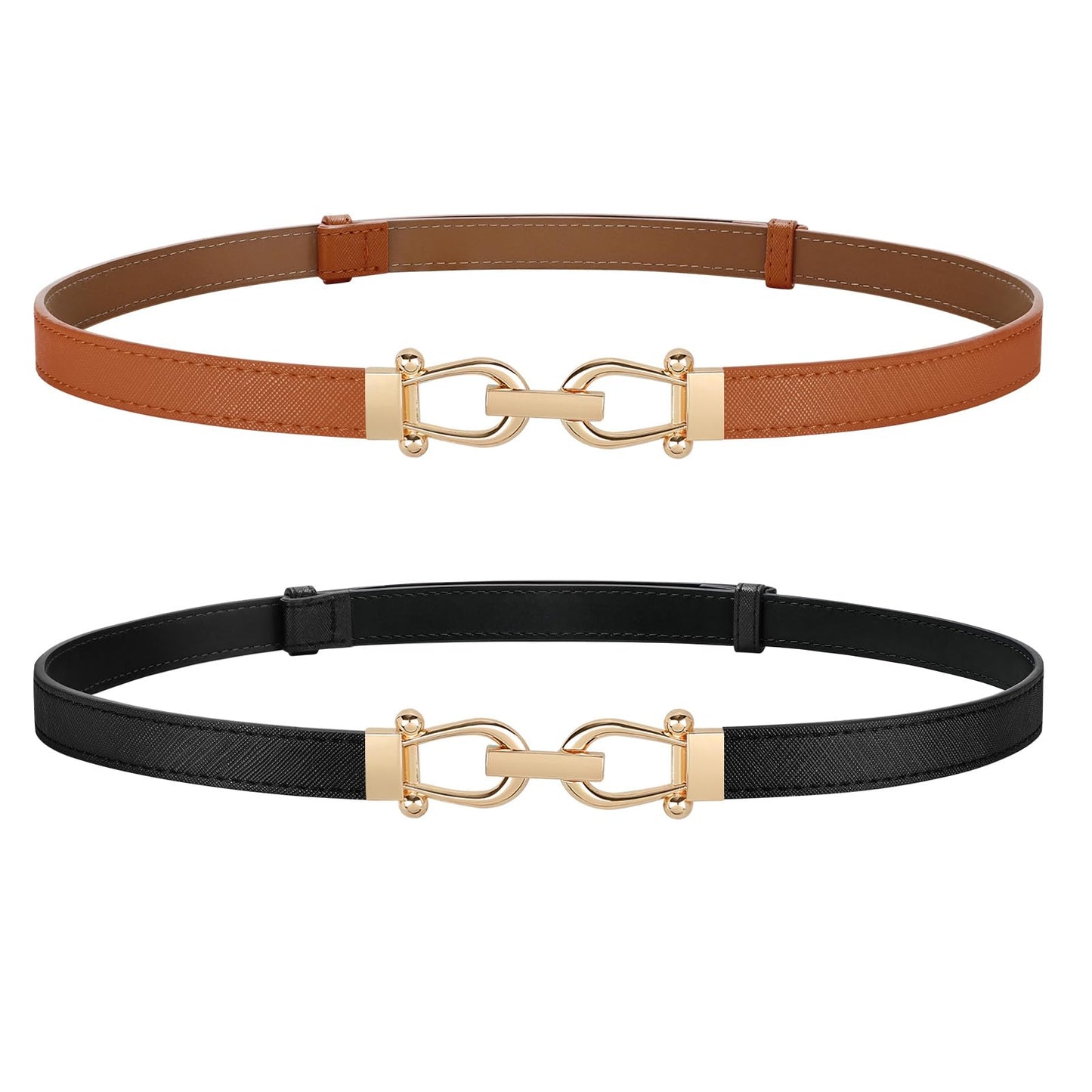 HOTJASGOOD 2 Pack Thin Belts for Women Fashion Skinny Leather Waist Belts for Jeans Pants Dresses with Gold Buckle