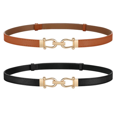 HOTJASGOOD 2 Pack Thin Belts for Women Fashion Skinny Leather Waist Belts for Jeans Pants Dresses with Gold Buckle