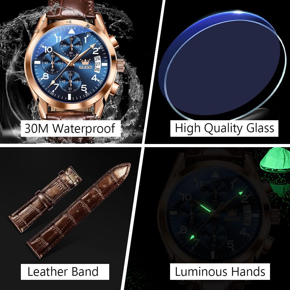 HOTOLEVS Men's Casual Leather Watch, Big Face Chronograph Watch for Men, Fashion Easy to Read Dress Watch, Men's Waterproof Luminous Date Analog Watch, Gold/Black/White/Blue Dial