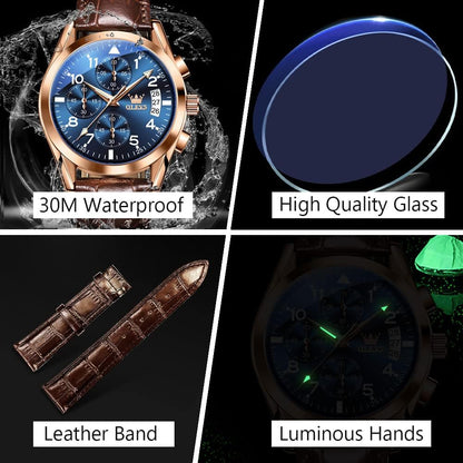 HOTOLEVS Men's Casual Leather Watch, Big Face Chronograph Watch for Men, Fashion Easy to Read Dress Watch, Men's Waterproof Luminous Date Analog Watch, Gold/Black/White/Blue Dial