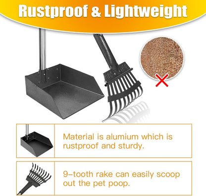 HOTTOOGE Pooper Scooper, Dog Pooper Scooper Long Handle Stainless Metal Tray and Rake for Medium Small Dogs Heavy Duty Pet Supplies to Use for Grass, Dirt or Gravel
