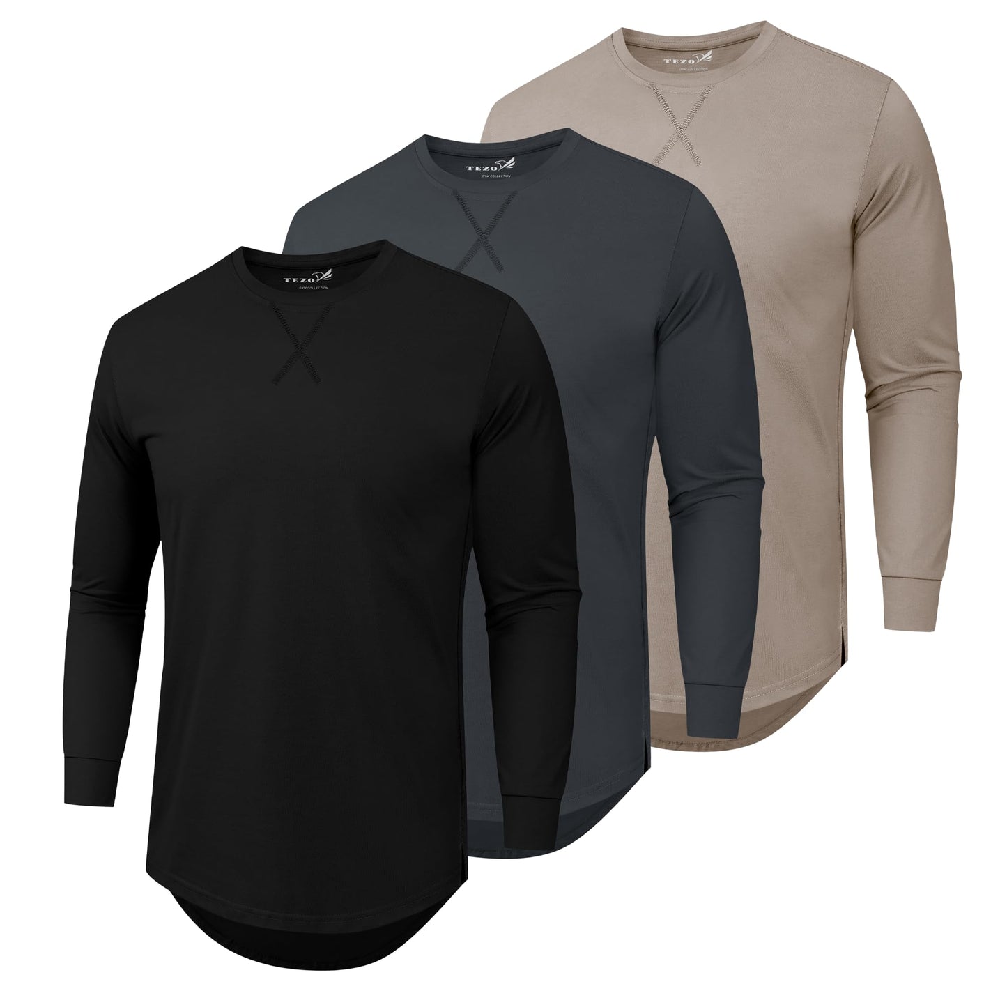 HOTMens 3 Pack Plain Cotton Shirts Short Sleeve Casual Crew Neck T-Shirts Hipster Hip Hop Longline Tees Drop Cut Curved Hem