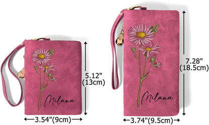 HOTPersonalized Wallets for Women – Custom Wallet with Watercolor Birth Flower & Name, PU Leather Tri-Fold Wristlet Wallet Women, Card Holder Birthday Anniversary Christmas Gift