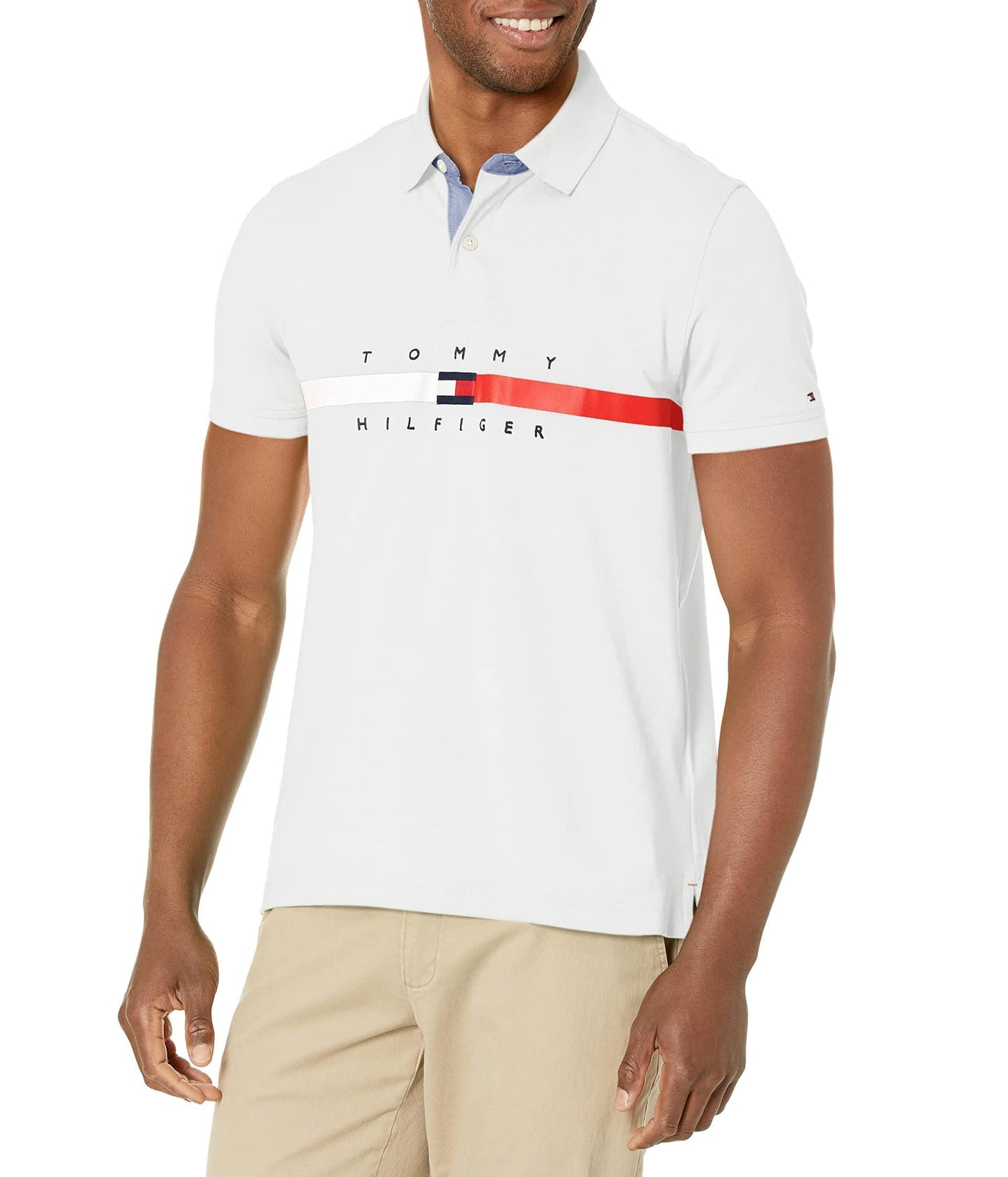 HOTTommy Hilfiger Men's Short Sleeve Cotton Pique Flag Graphic Polo Shirt in Custom Fit