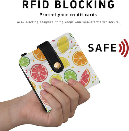 HOTDOMIKING White Fruits Orange Print Small Women Wallet Bifold RFID Blocking Leather Compact Card Holder with Coin Pocket Zipper Purse for Women Ladies Girls