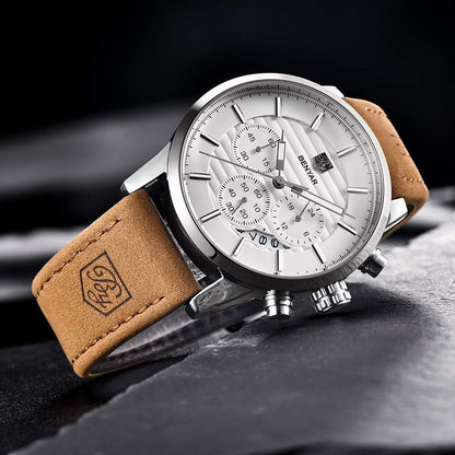 HOTBENYAR Quartz Chronograph Waterproof Watches Business and Sport Design Leather Band Strap Wrist Watch for Men