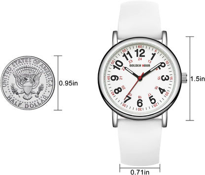 HOTGOLDEN HOUR Waterproof Nurse Watch for Medical Professionals, Students Women Men - Military Time Luminouse Easy Read Dial, 24 Hour with Second Hand, Colorful Silicone Band