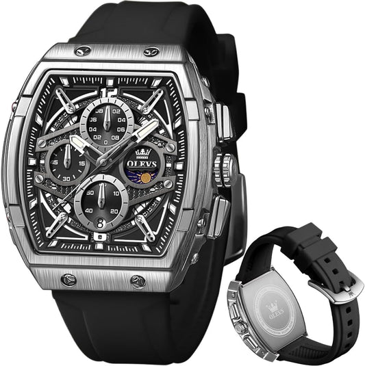 HOTOLEVS Men Watches Business Dress Chronograph Big Square Quartz Analog Male Watch Silicone Strap Waterproof Date Gift Mens Wrsit Watch Silver