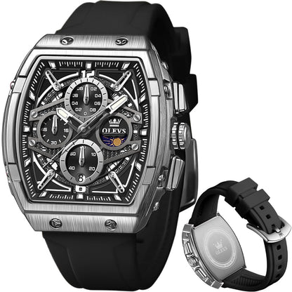 HOTOLEVS Men Watches Business Dress Chronograph Big Square Quartz Analog Male Watch Silicone Strap Waterproof Date Gift Mens Wrsit Watch Silver