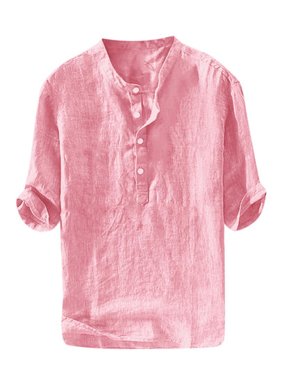 HOTRyannology Mens Linen Shirts Casual Cotton 3/4 Sleeve Regular-Fit Henley T-Shirt Summer Lightweight Beach Yoga Tops