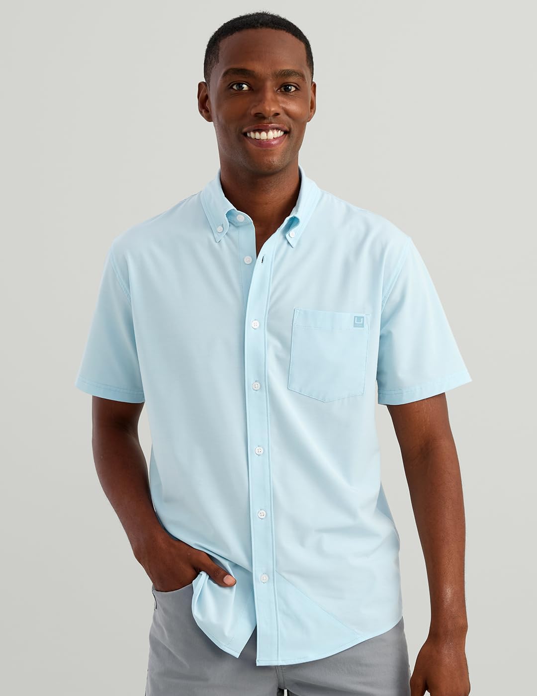 HOTHUK Men's Kona Solid Short Sleeve Fishing Button Down Shirt