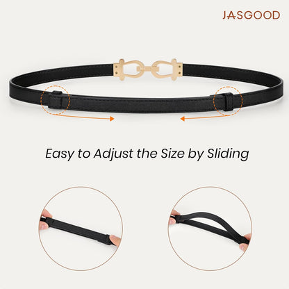 HOTJASGOOD 2 Pack Thin Belts for Women Fashion Skinny Leather Waist Belts for Jeans Pants Dresses with Gold Buckle
