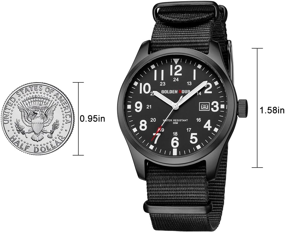 HOTGOLDEN HOUR Men's Nylon Slip-Thru Strap Watch with Military Time Easy Read Dial Glowing Hands