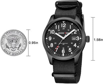HOTGOLDEN HOUR Men's Nylon Slip-Thru Strap Watch with Military Time Easy Read Dial Glowing Hands