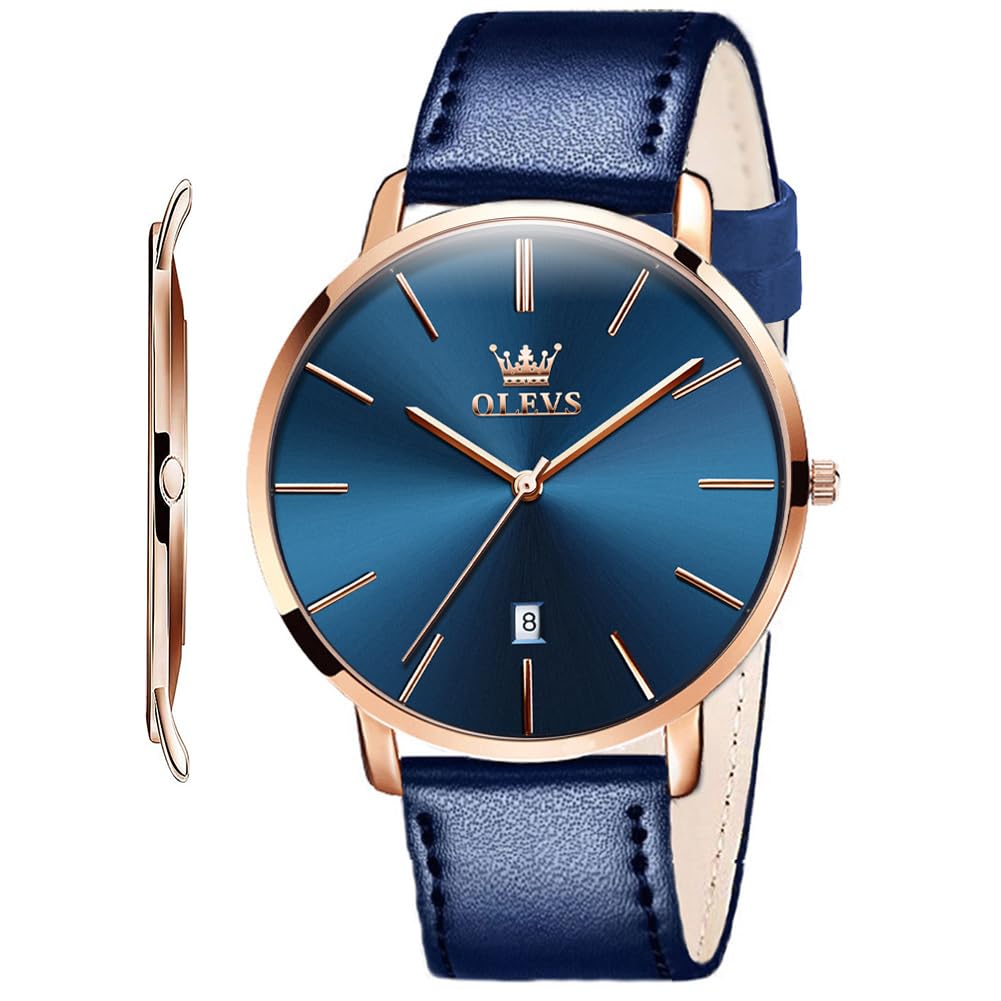 HOTOLEVS Men Leather Watches Black Ultra Thin 6.5mm Minimalist Dress Fashion Simple Casual Waterproof Date Watch for Men