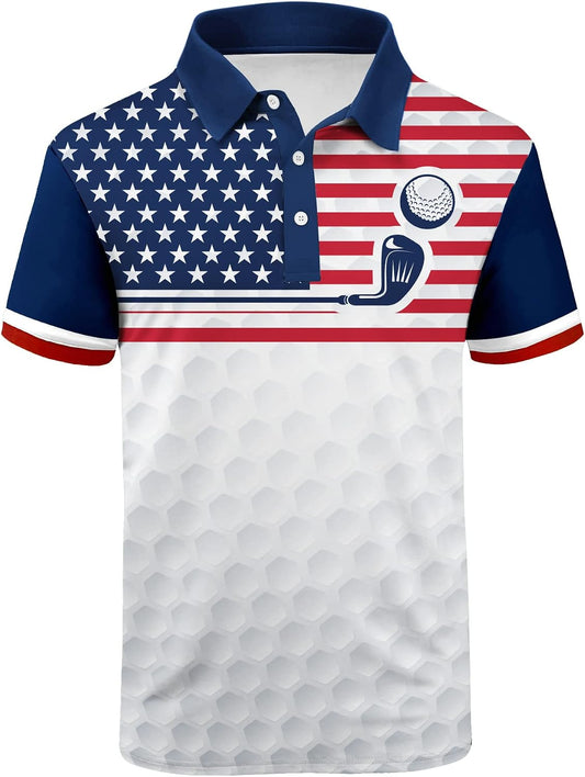 HOTV VALANCH Mens American Falg Polo Shirts Short Sleeve Performance Patriotic Shirt Funny Golf Shirt