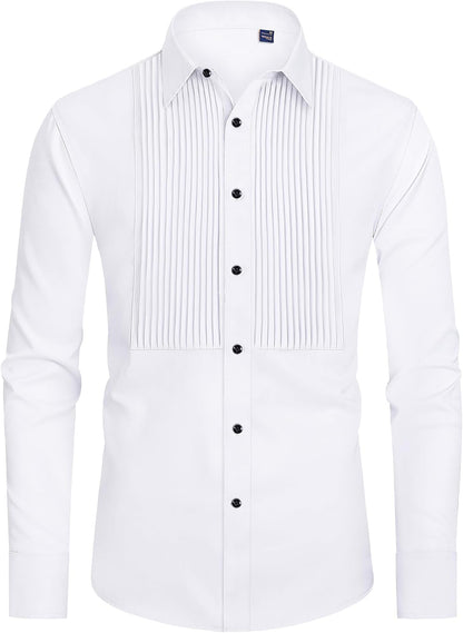 HOTJ.VER Men's Tuxedo Shirt Formal Dress Shirt Pleated Long Sleeve Button Down Shirts for Prom Party Wedding