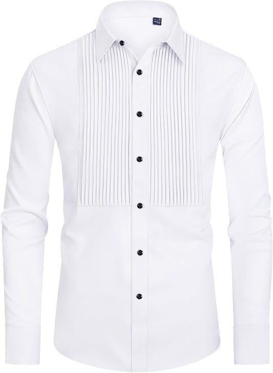 HOTJ.VER Men's Tuxedo Shirt Formal Dress Shirt Pleated Long Sleeve Button Down Shirts for Prom Party Wedding