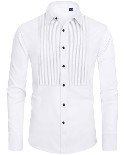HOTJ.VER Men's Tuxedo Shirt Formal Dress Shirt Pleated Long Sleeve Button Down Shirts for Prom Party Wedding