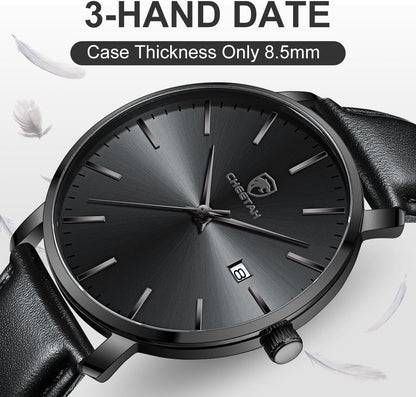 HOTCHEETAH Minimalist Waterproof Quartz Watches for Men with Leather Strap, Auto Date