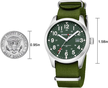 HOTGOLDEN HOUR Men's Nylon Slip-Thru Strap Watch with Military Time Easy Read Dial Glowing Hands