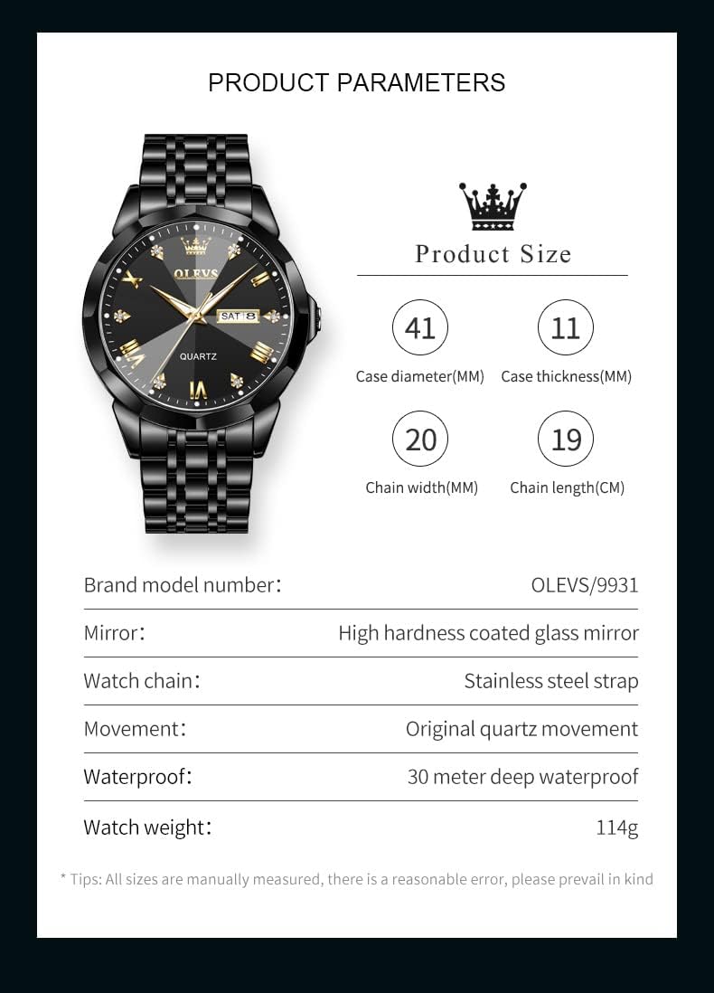 HOTOLEVS Watch for Men Diamond Business Dress Analog Quartz Stainless Steel Waterproof Luminous Date Two Tone Luxury Casual Wrist Watch Blue