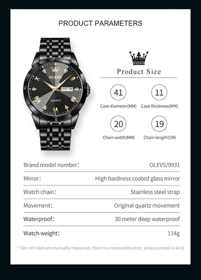 HOTOLEVS Watch for Men Diamond Business Dress Analog Quartz Stainless Steel Waterproof Luminous Date Two Tone Luxury Casual Wrist Watch Blue