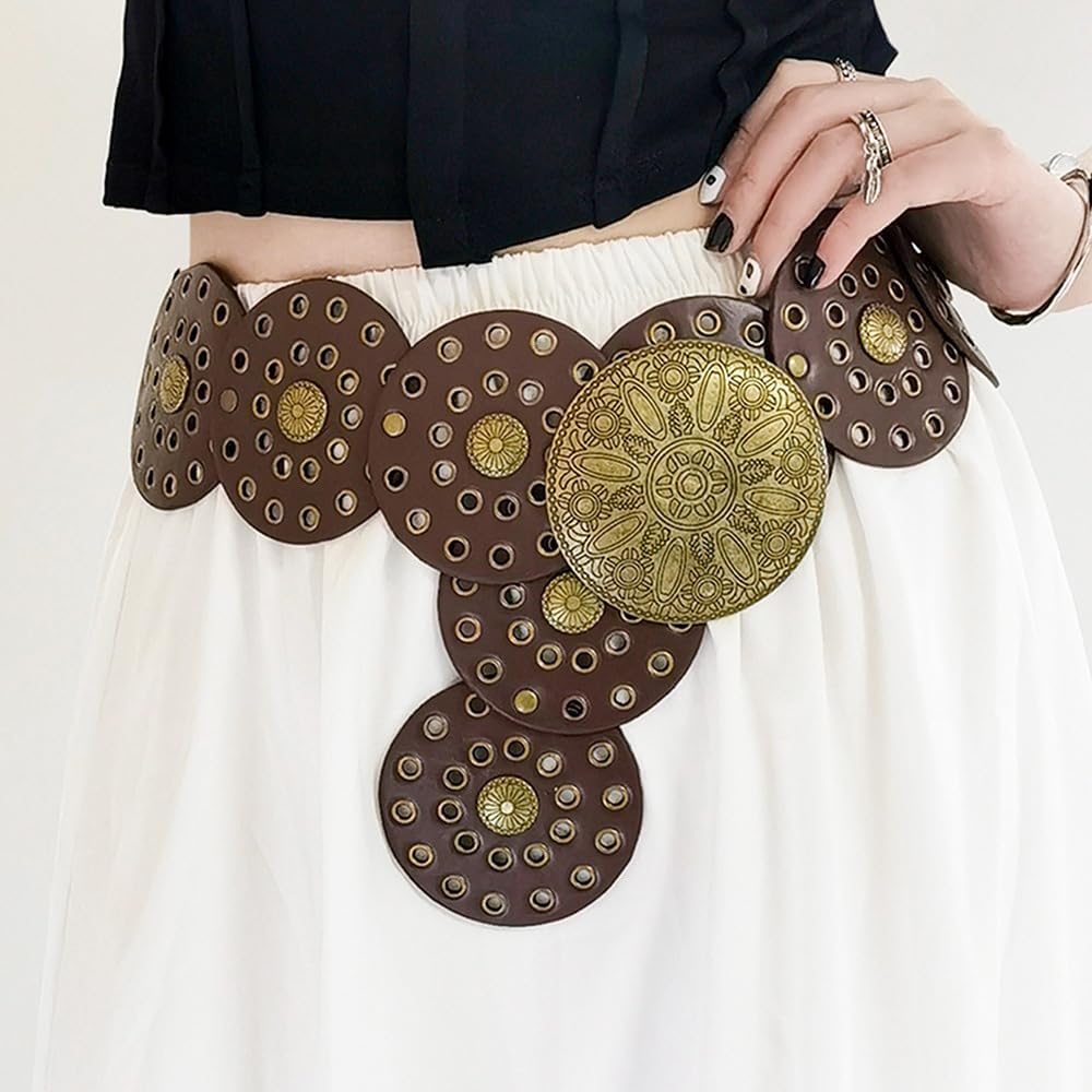HOTWide Vintage PU-Leather Western-Disc-Concho-Belt Women Boho Cowgirl-Belt