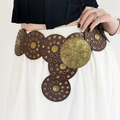 HOTWide Vintage PU-Leather Western-Disc-Concho-Belt Women Boho Cowgirl-Belt